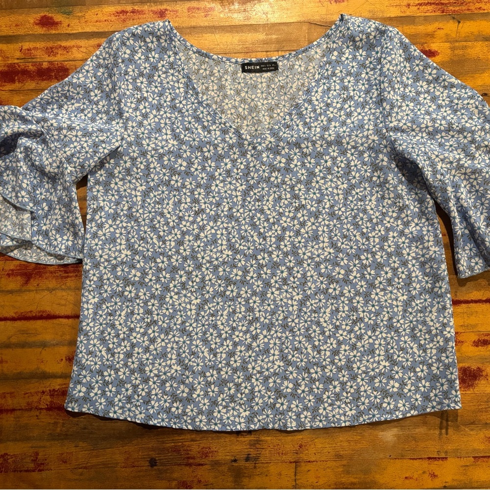 SHEIN Blue and White Floral Blouse